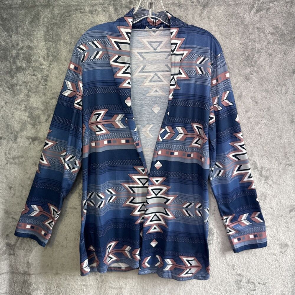 Cardigan~Womens~3XL  Southwest Open Front 3/4 Sleeve blue pink